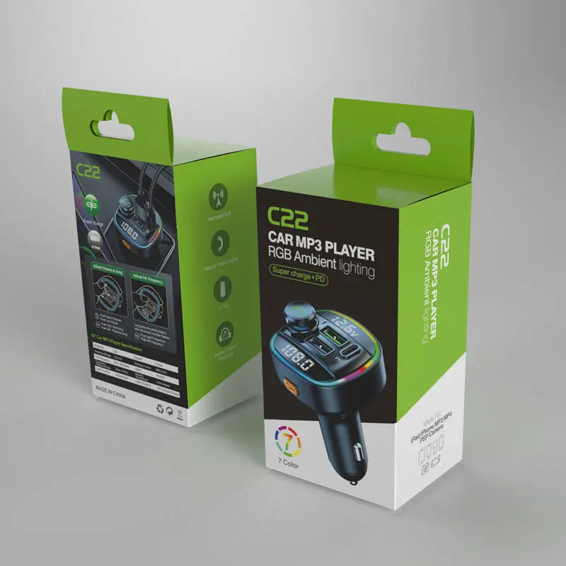 Bluetooth 5.0 FM Transmitter and Handsfree Car Radio Modulator with MP3 Player and 22.5W USB Quick Charge Adapter