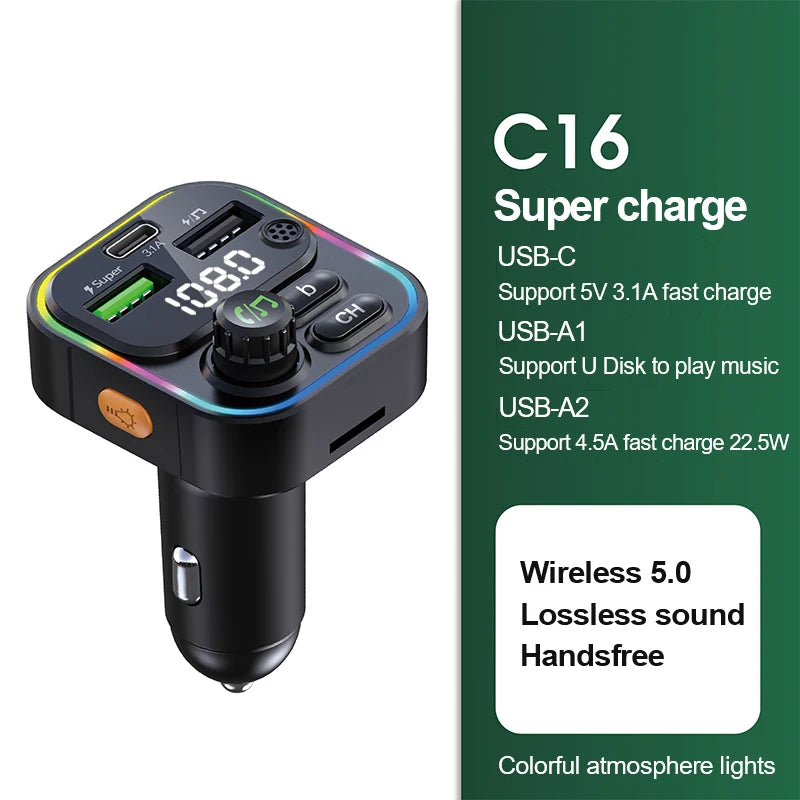 Bluetooth 5.0 FM Transmitter and Handsfree Car Radio Modulator with MP3 Player and 22.5W USB Quick Charge Adapter