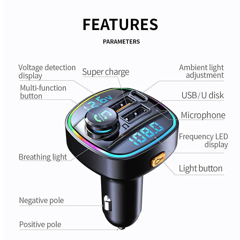 Bluetooth 5.0 FM Transmitter and Handsfree Car Radio Modulator with MP3 Player and 22.5W USB Quick Charge Adapter