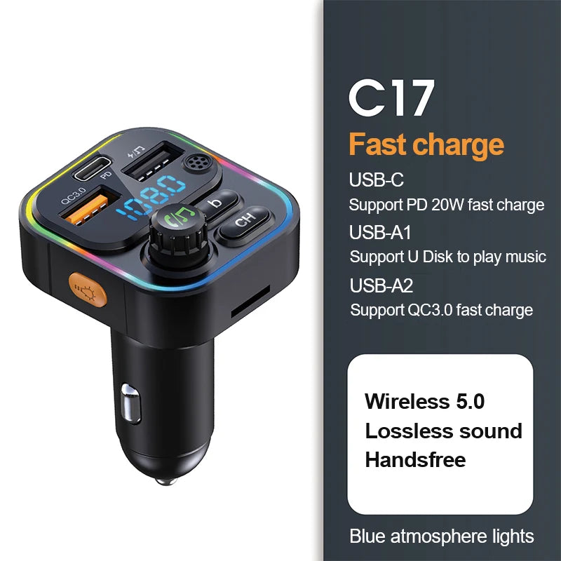 Bluetooth 5.0 FM Transmitter and Handsfree Car Radio Modulator with MP3 Player and 22.5W USB Quick Charge Adapter