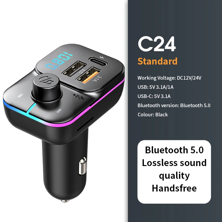 Bluetooth 5.0 FM Transmitter and Handsfree Car Radio Modulator with MP3 Player and 22.5W USB Quick Charge Adapter